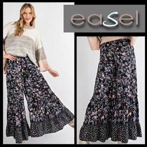EASEL Mixed Floral Print Wide Legged W/Ruffled Tiers Elastic Waist Palazzo Pants